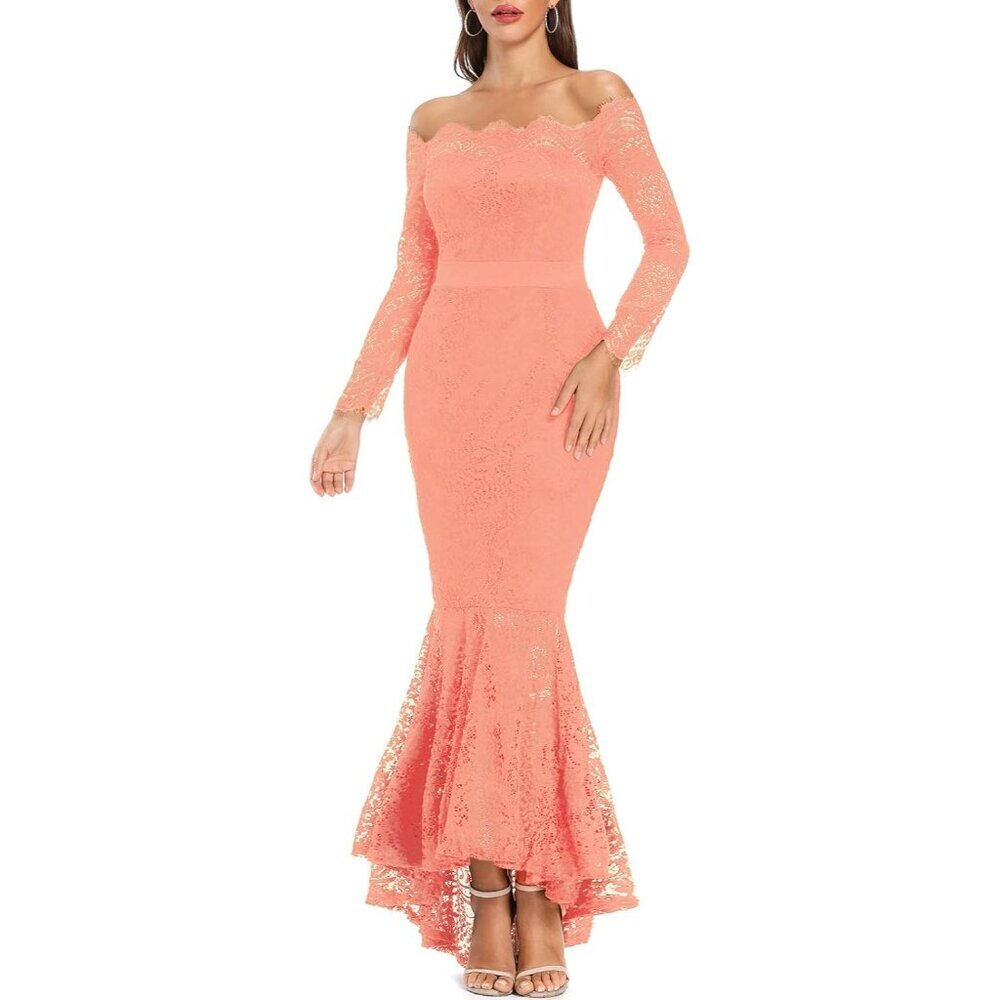 Women's Floral Lace Long Sleeve Off Shoulder Wedding Mermaid Dress Elegant Pink